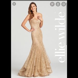 Gold strapless Ellie Wilde gown.